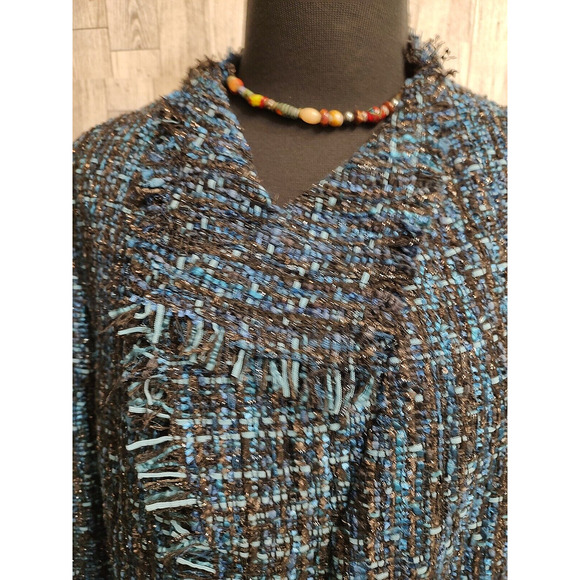 Anne Klein Women's Open woven fringed fully lined Blue tweed metallic Jacket 12 - Picture 5 of 12
